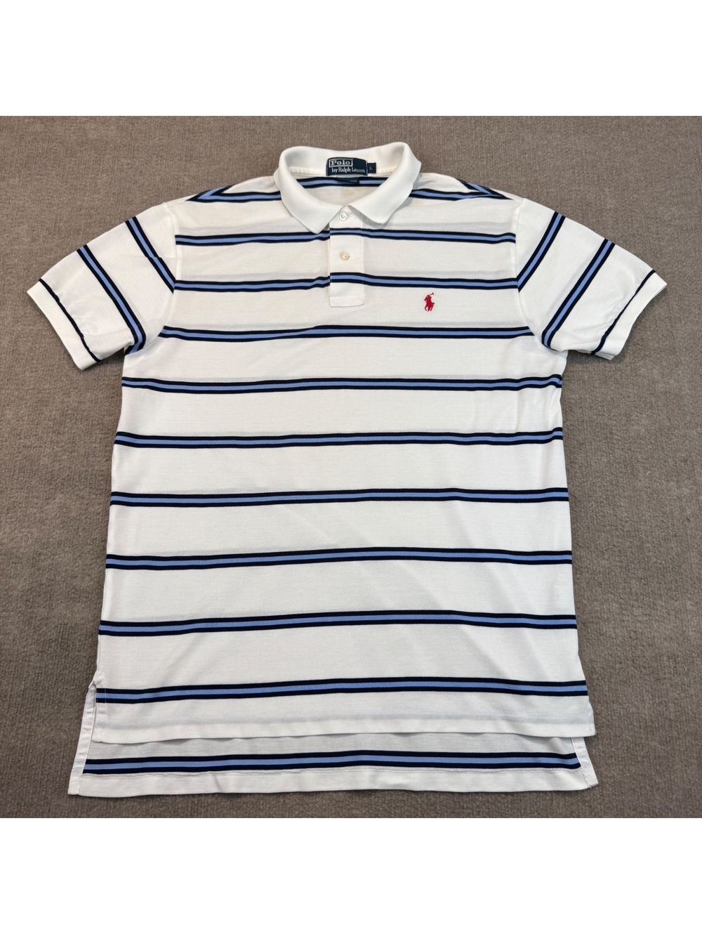 Polo Ralph Lauren Vintage White Striped Pima Cotton Polo Shirt Mens L Red Pony